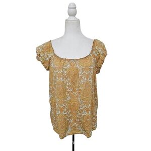 J.Crew Cotton Blouse Off Shoulder Lightweight Paisley Print Gold/ Blue Medium